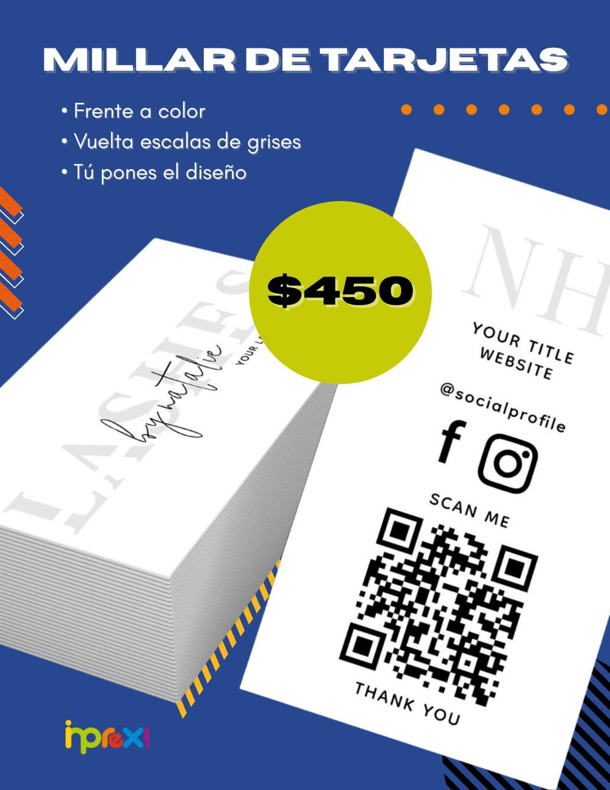 Millar de tarjetas por $450, frente a color y vuelta en escala de grises