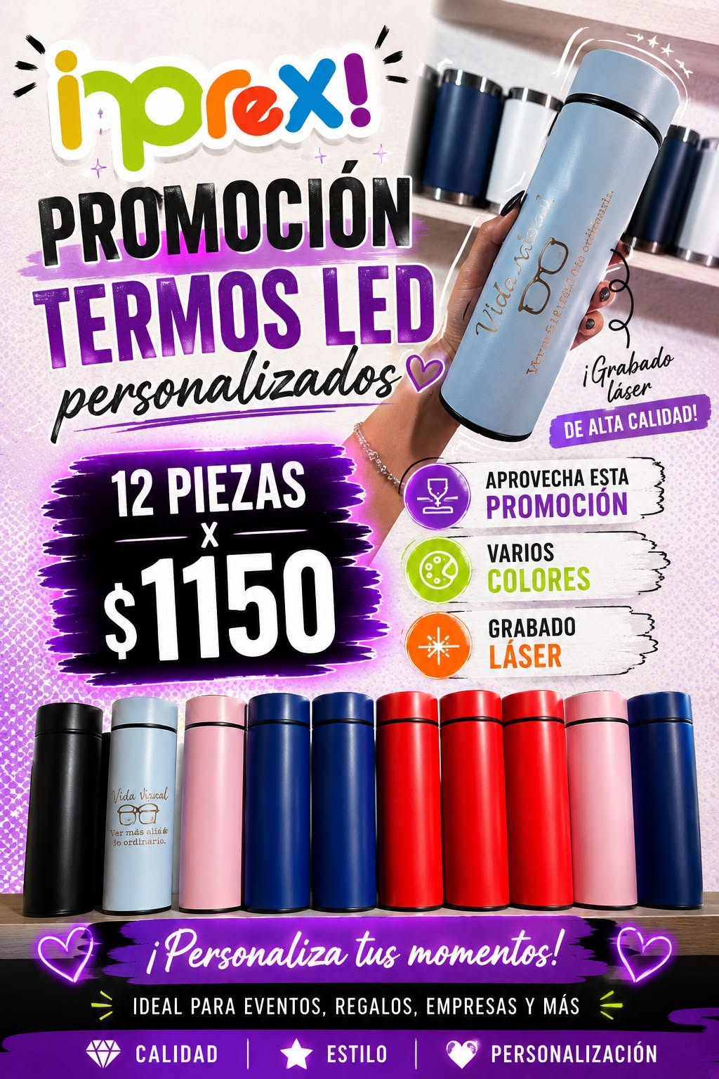 12 termos LED personalizados por $1,150